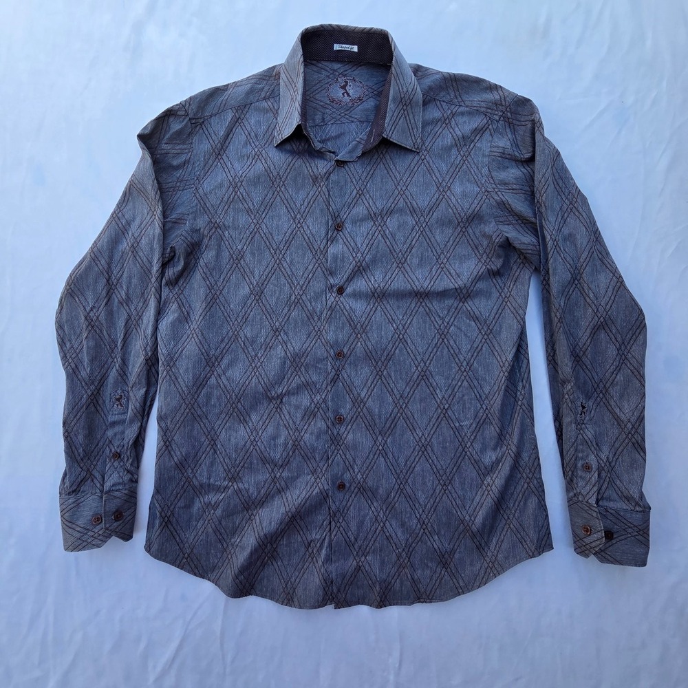 Bugatchi Casual Button-Down Shirt Men's Gray Brown XL Cotton Diamond Pattern